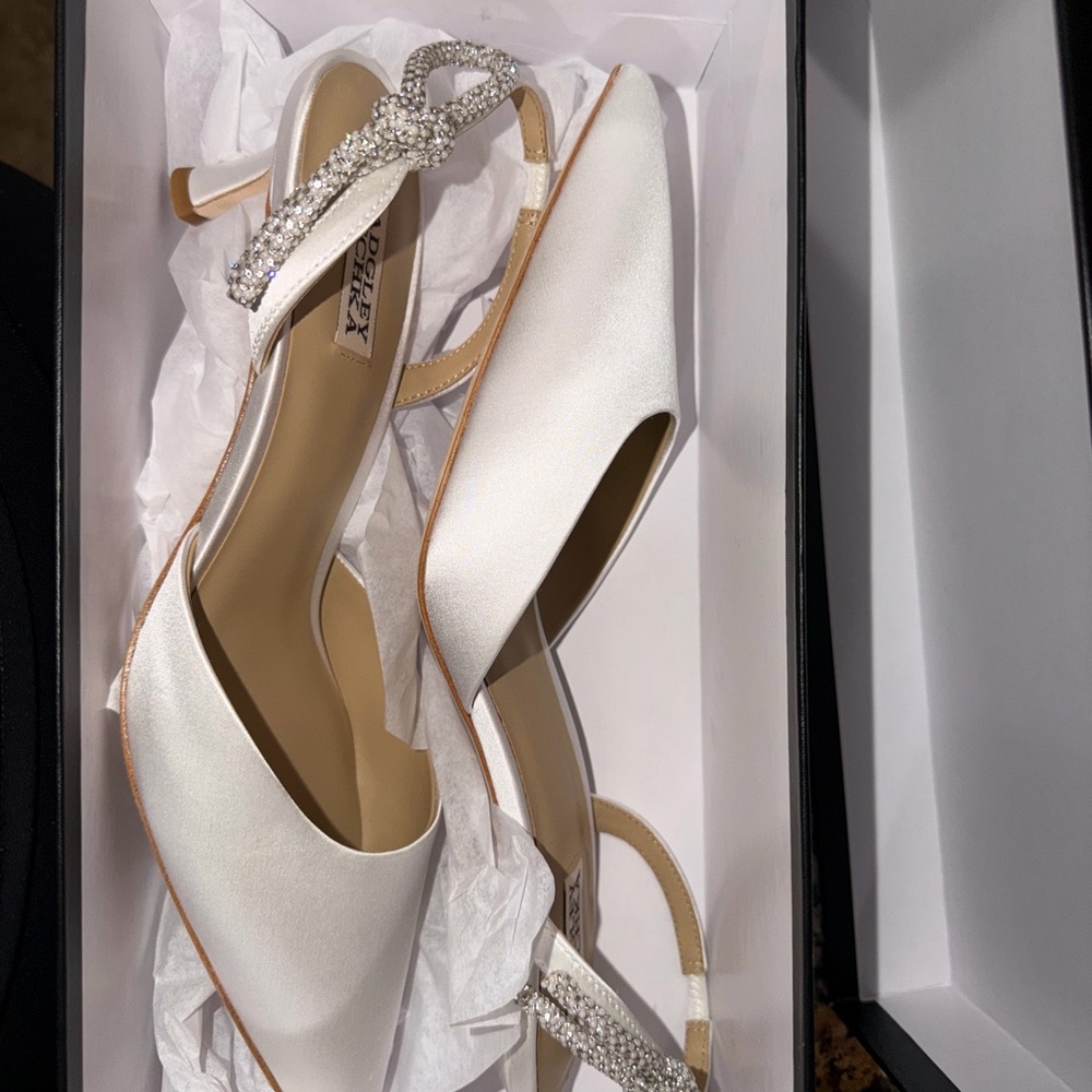 Badgley Mischka Ivory Satin Pointed Slingback Heels with Crystal Strap